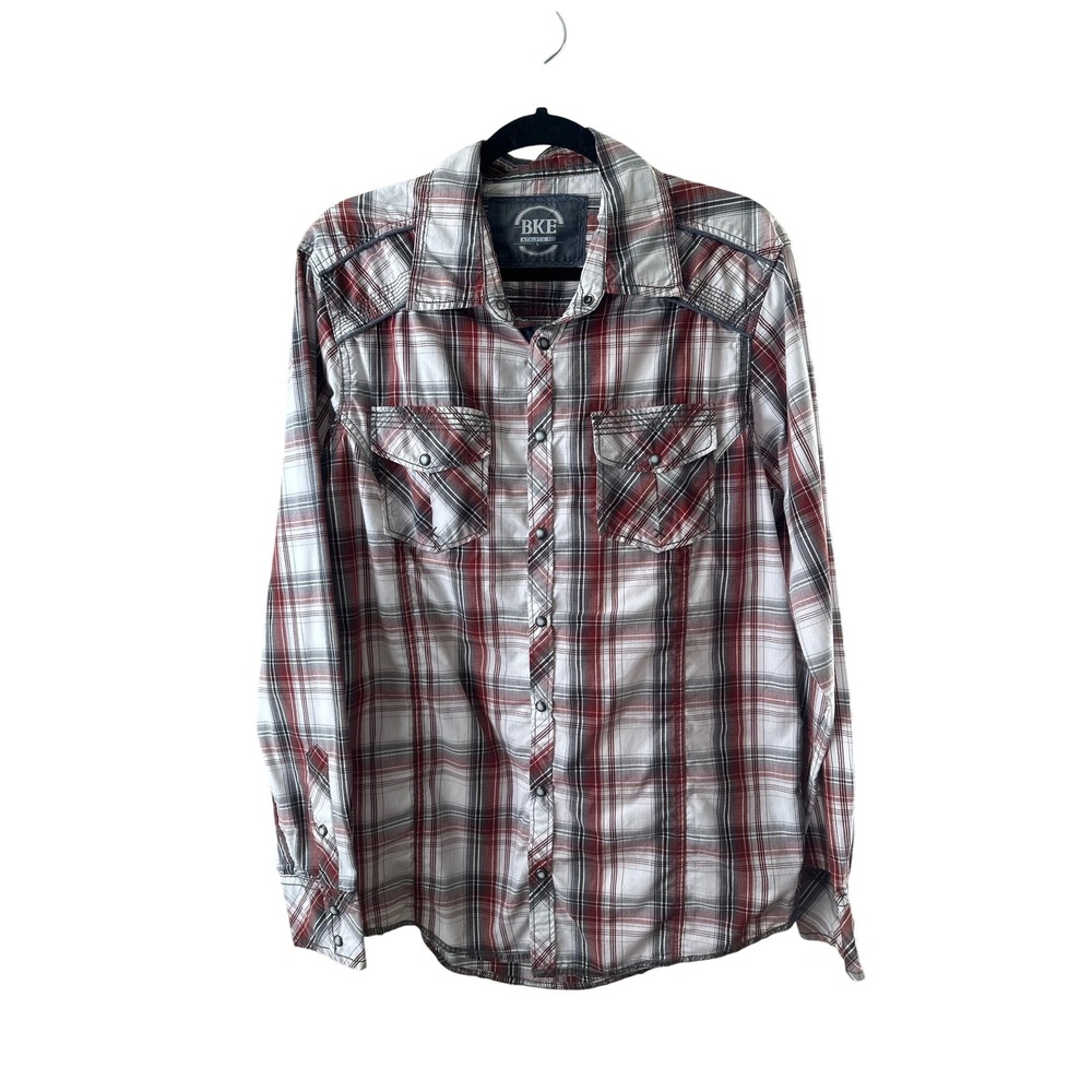 BKE Athletic Fit Mens Large Red White Plaid Long Sleeve Snap Western Shirt‎